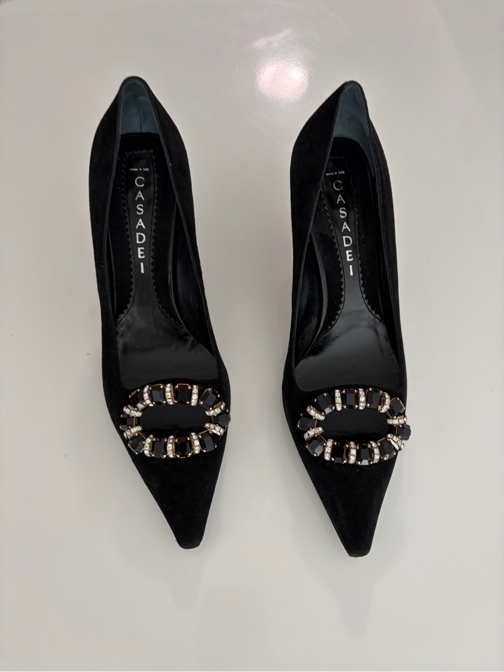 Casadei Black Suede Pointed Toe Pumps with Crystal Oval Buckle